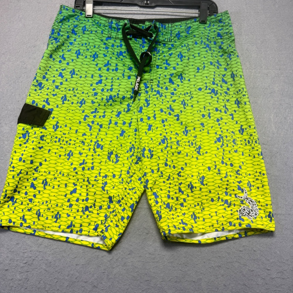 Pelagic Mens Board Short Dorado Green Yellow Scale Splatter Fishing Trunks 32x10